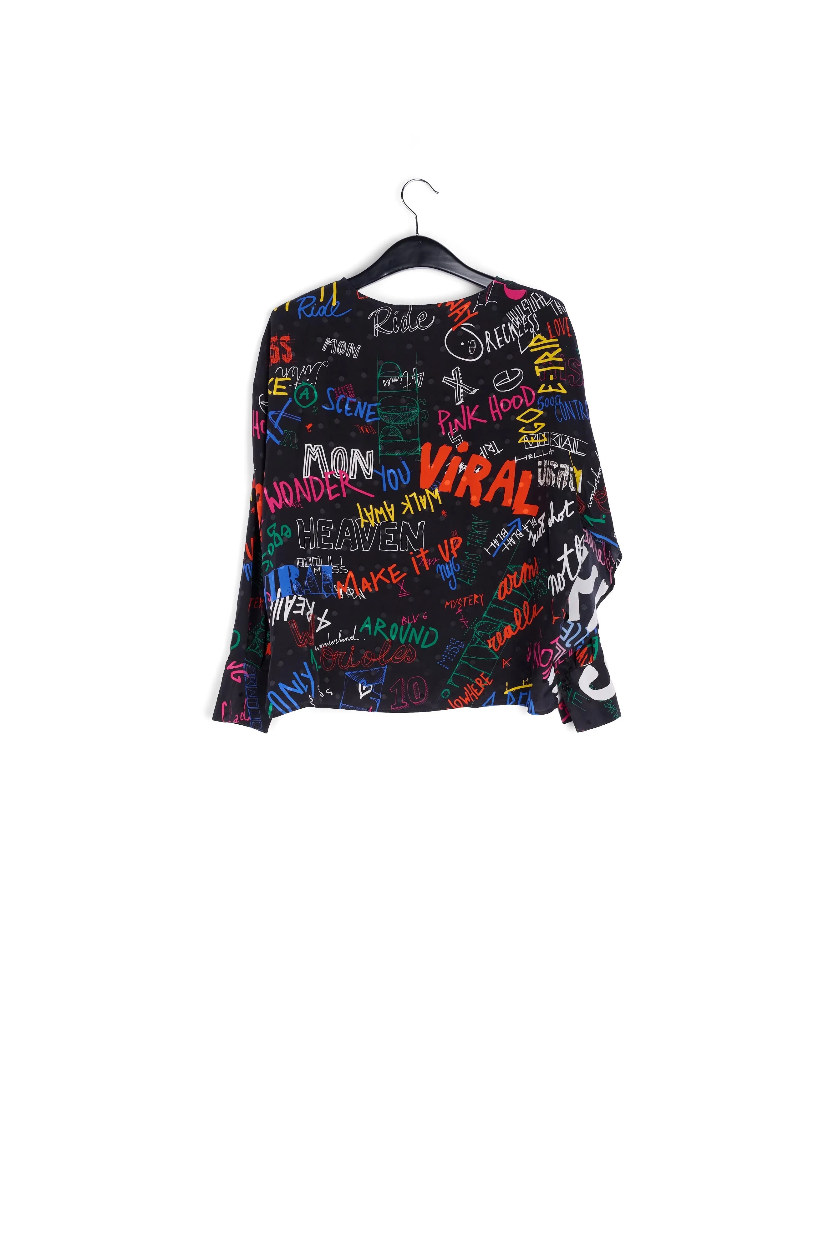 Black silk top with colorful tekst print