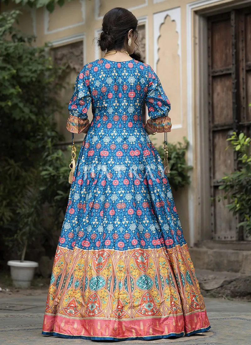 Blue Multi-colored Digital Printed Anarkali Gown