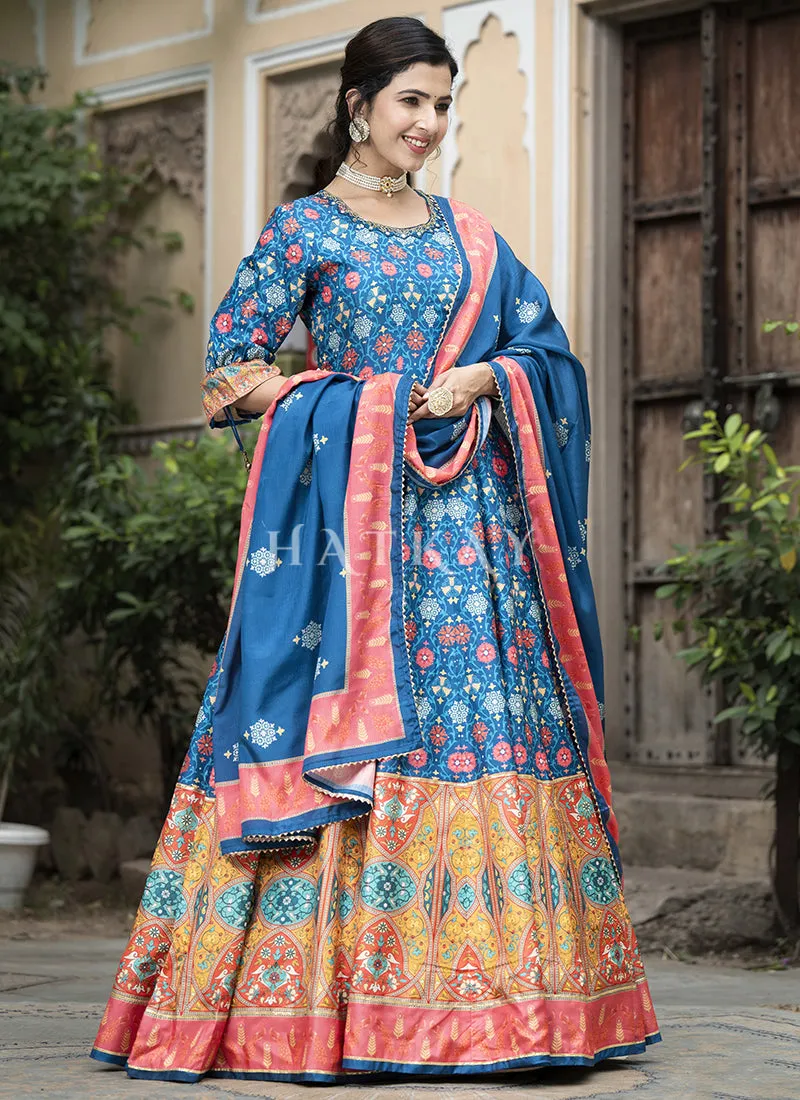 Blue Multi-colored Digital Printed Anarkali Gown