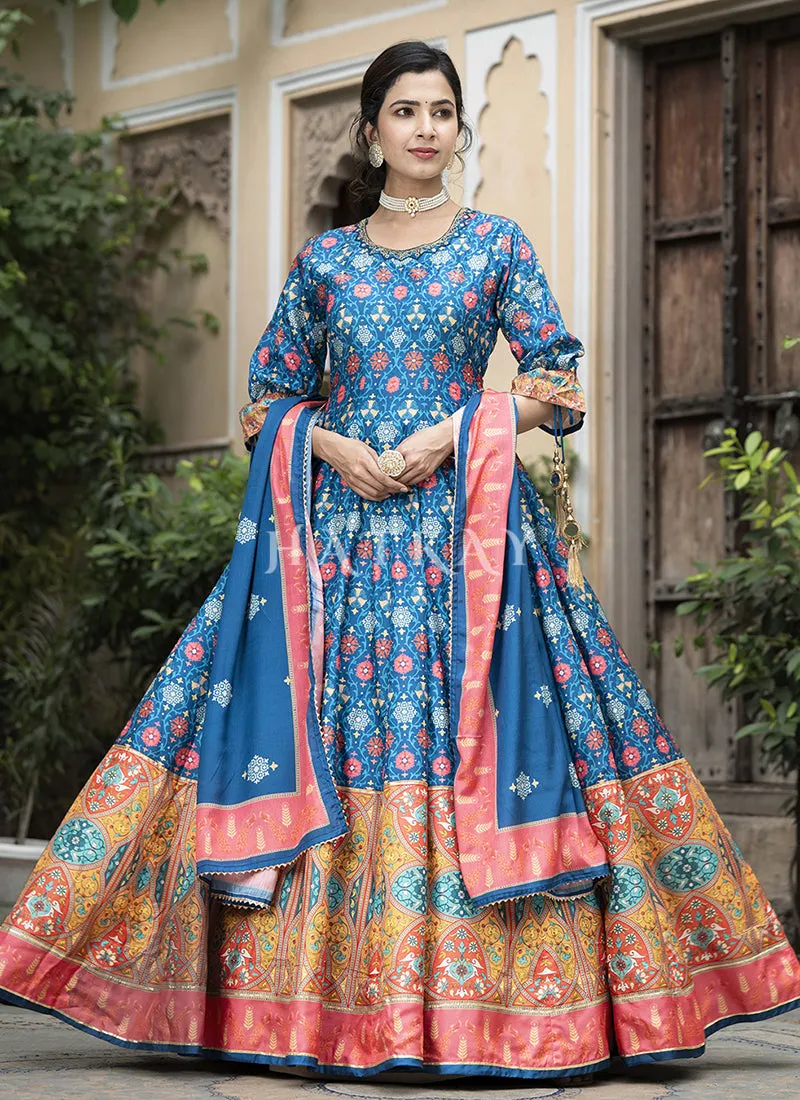 Blue Multi-colored Digital Printed Anarkali Gown
