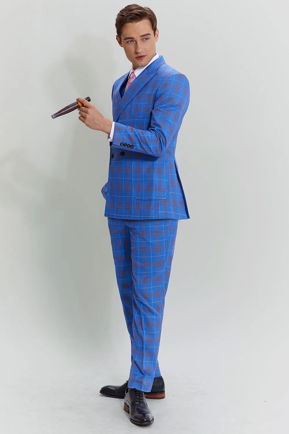 Blue Plaid Men's 3 Piece Tuxedo Suits
