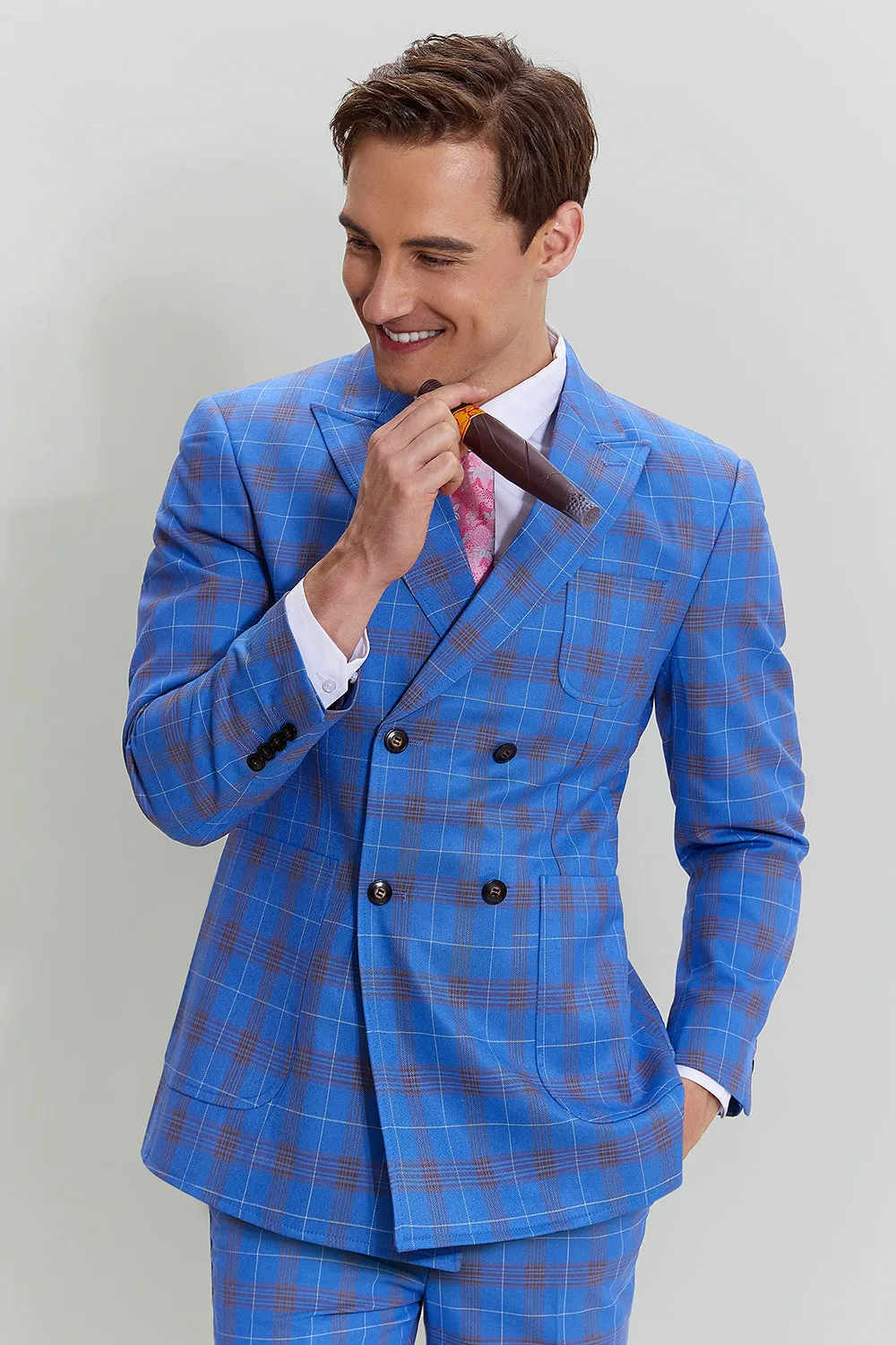 Blue Plaid Men's 3 Piece Tuxedo Suits
