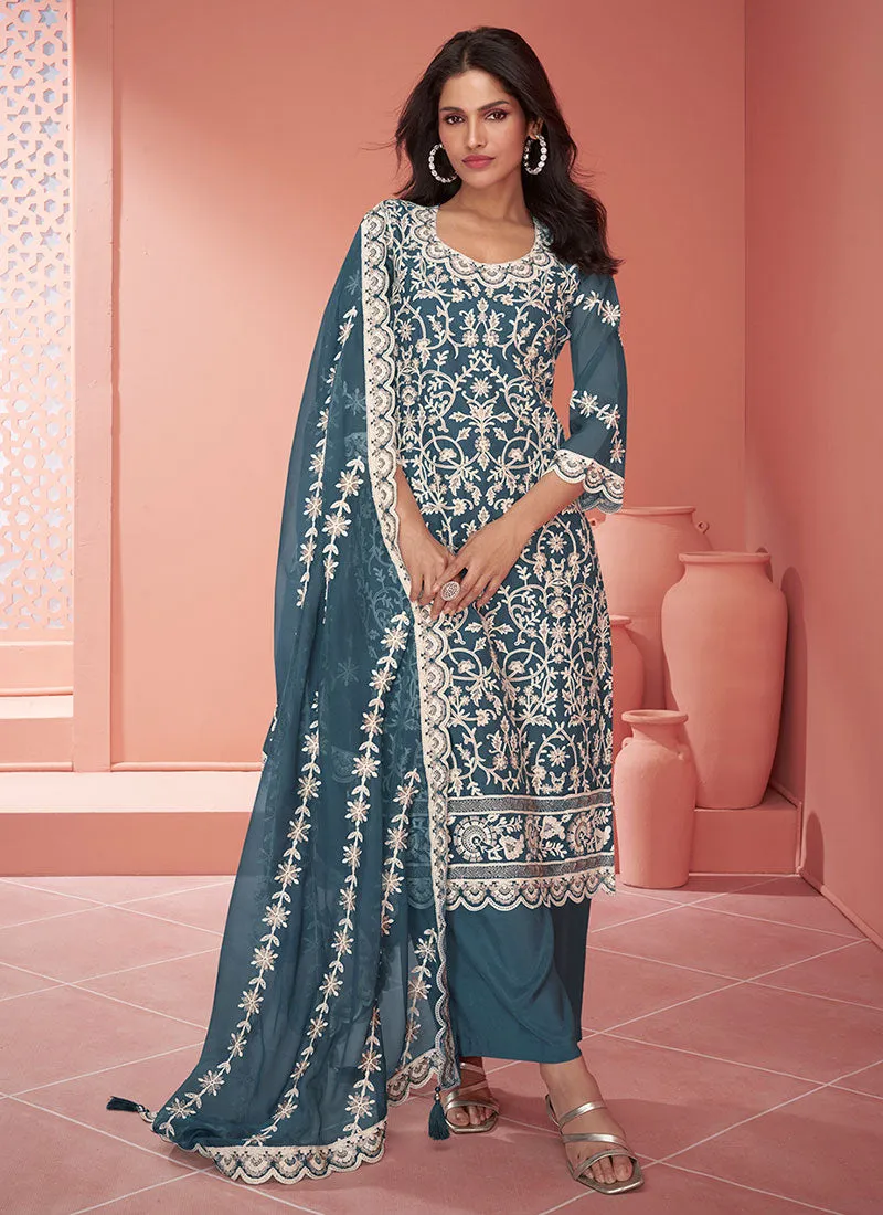 Blue Thread Embroidery Traditional Palazzo Suit