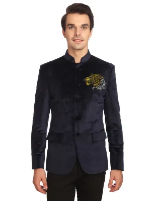 Blue Velvet Bandhgala with Gold Embroidery