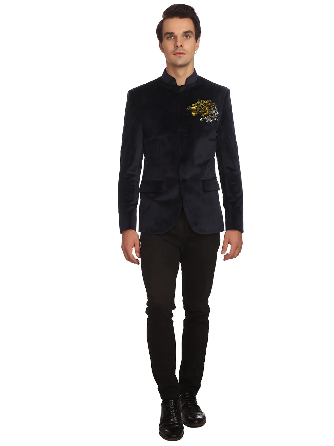 Blue Velvet Bandhgala with Gold Embroidery