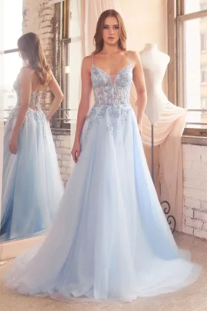 CD D553 - Embellished Tulle A-Line Prom Gown with Sheer Boned Bodice & Lace Up Corset Back