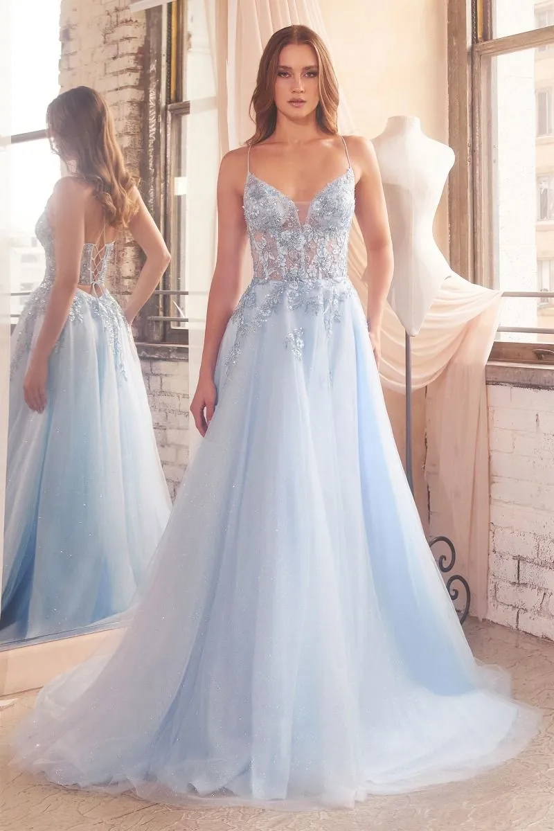 CD D553 - Embellished Tulle A-Line Prom Gown with Sheer Boned Bodice & Lace Up Corset Back