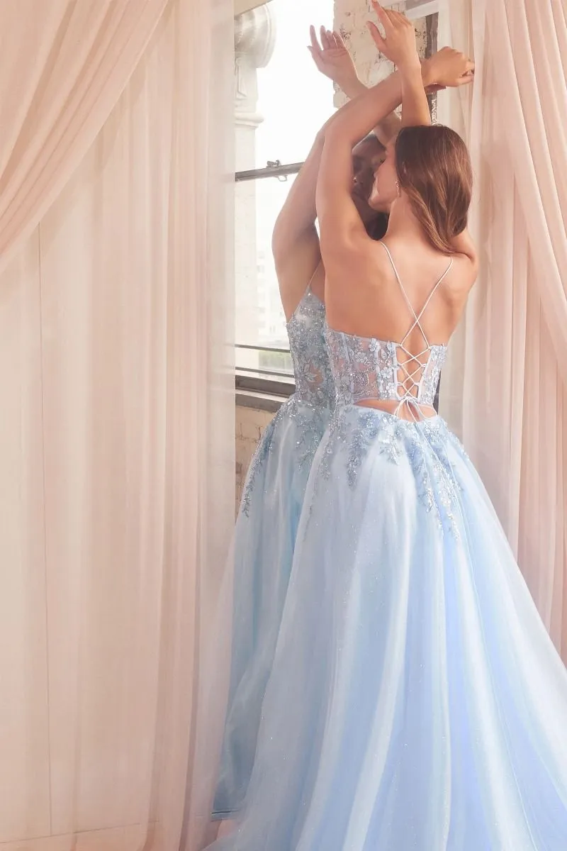 CD D553 - Embellished Tulle A-Line Prom Gown with Sheer Boned Bodice & Lace Up Corset Back