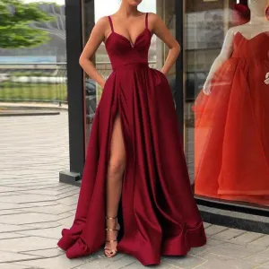 Champagne Muslim Evening Dresses High Slit Satin Spaghetti Straps Sweetheart A-Line Long Prom Dress Burgundy Evening Gown