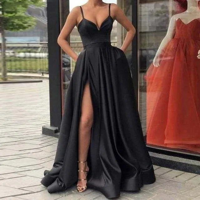 Champagne Muslim Evening Dresses High Slit Satin Spaghetti Straps Sweetheart A-Line Long Prom Dress Burgundy Evening Gown