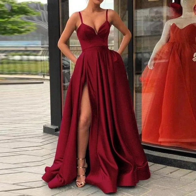 Champagne Muslim Evening Dresses High Slit Satin Spaghetti Straps Sweetheart A-Line Long Prom Dress Burgundy Evening Gown