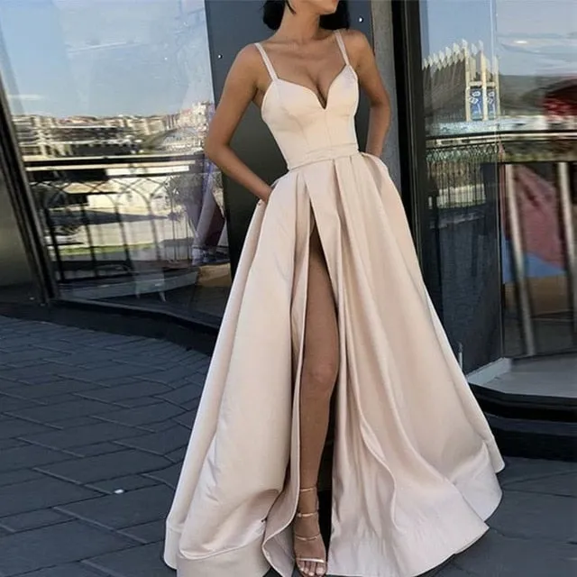 Champagne Muslim Evening Dresses High Slit Satin Spaghetti Straps Sweetheart A-Line Long Prom Dress Burgundy Evening Gown
