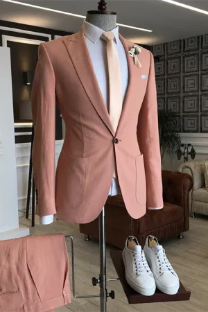 Chic Salmon Pink Peaked Lapel Men Prom Suits Tuxedo 2 Pieces Jacket Pants Blazer Party Singer Groom