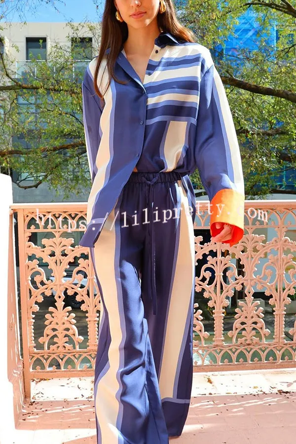 Conceptually Chic Satin Geometric Print Button Long Sleeve Oversized Shirt
