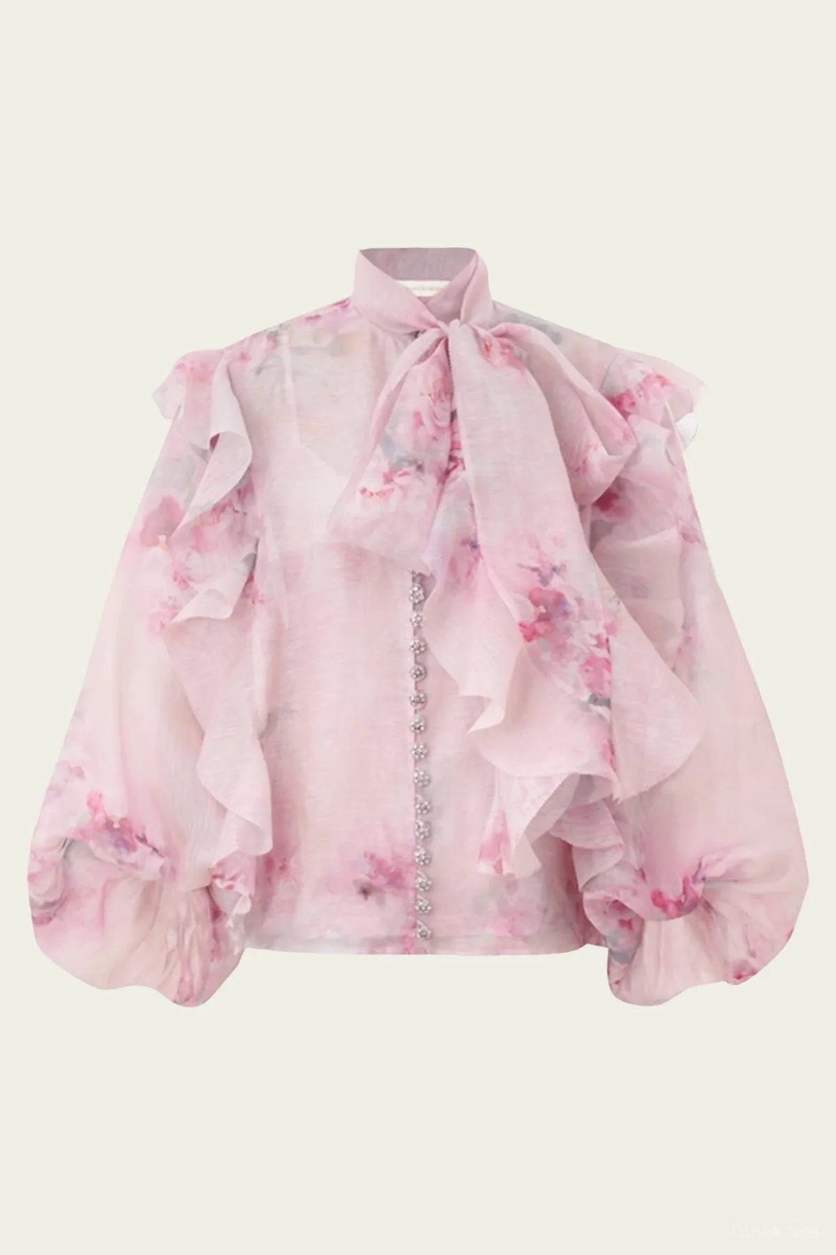 Crush Tie Neck Ruffle Blouse in Pink Floral
