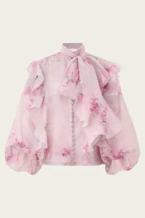 Crush Tie Neck Ruffle Blouse in Pink Floral