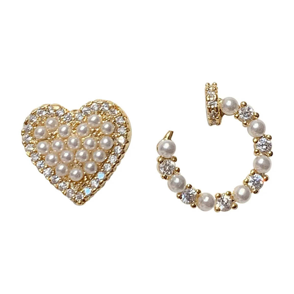 Cubic Zirconia & Pearl 18K Gold-Plated Heart Stud Earring