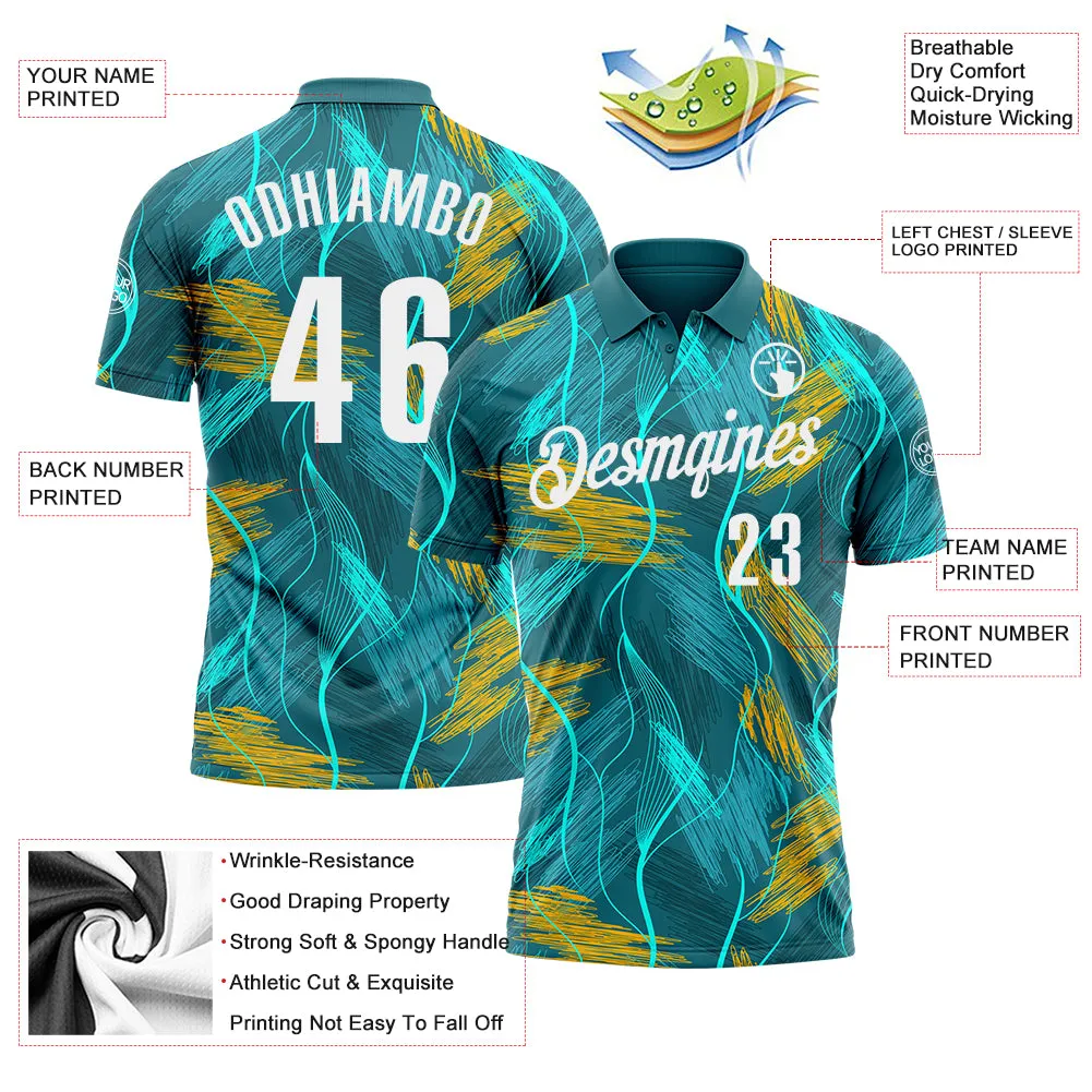 Custom Teal Old Gold-White 3D Bowling Line Performance Polo Shirt