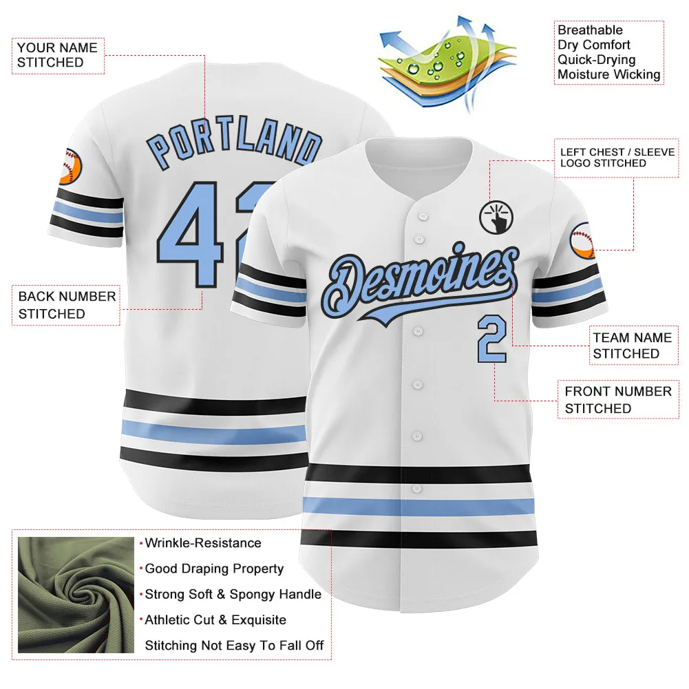 Custom White Light Blue-Black Line Authentic Baseball Jersey
