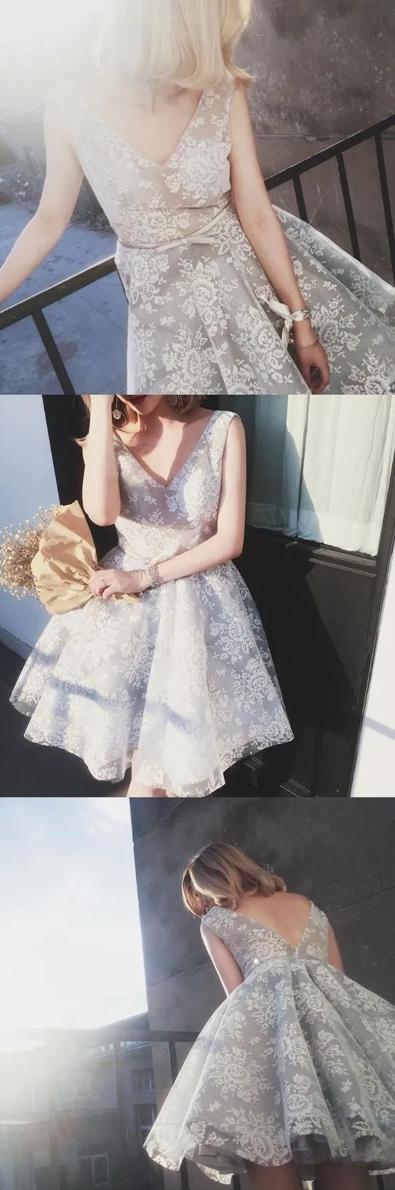 Cute V Neck Unique Lace Seen Through Short Cheap Homecoming Dresses, BG51571