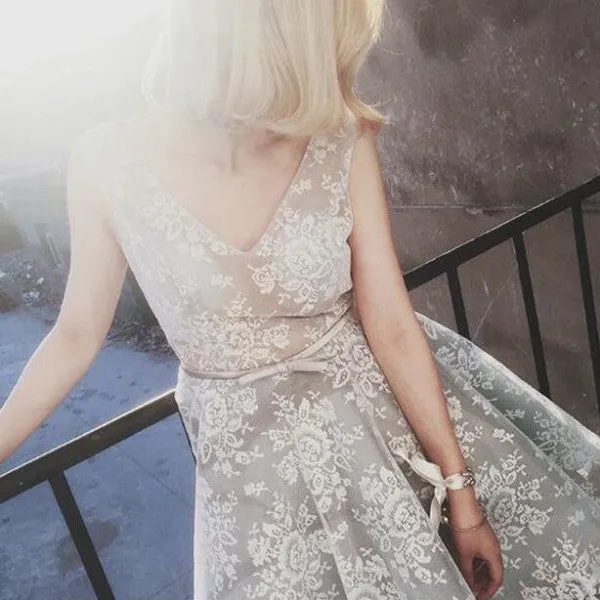 Cute V Neck Unique Lace Seen Through Short Cheap Homecoming Dresses, BG51571
