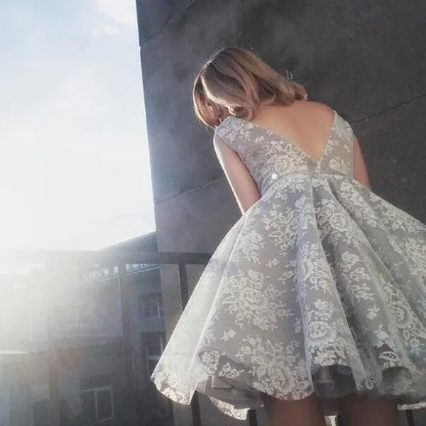 Cute V Neck Unique Lace Seen Through Short Cheap Homecoming Dresses, BG51571