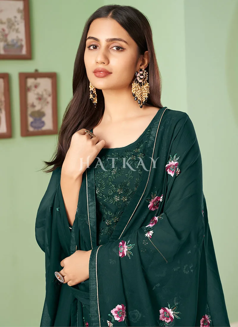 Dark Green Multi Embroidery Georgette Palazzo Suit