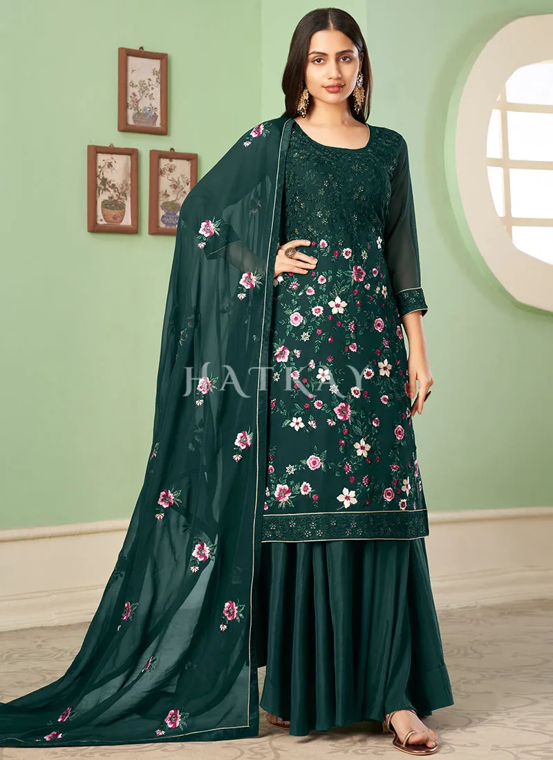 Dark Green Multi Embroidery Georgette Palazzo Suit