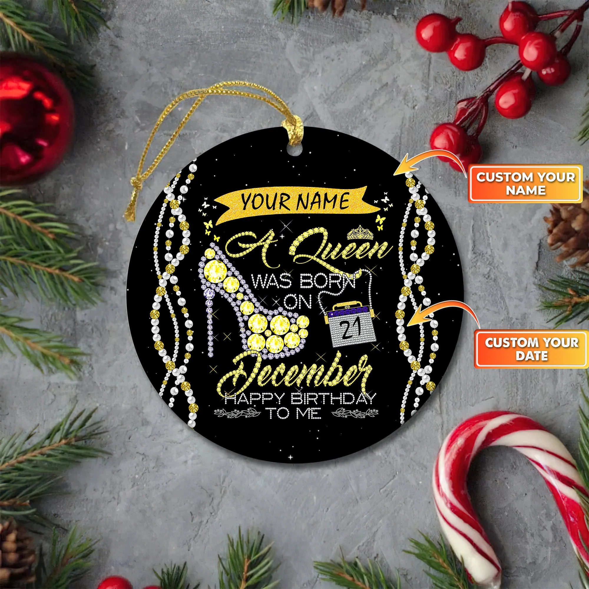 December Queen Circle Ceramic Ornament  Birthday Gift (Yellow)