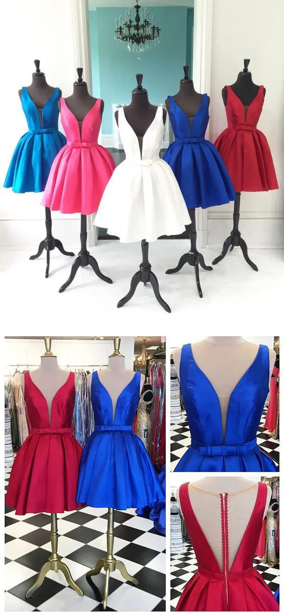 Deep V Neck Seen Through Back Red Blue Simple Homecoming Dresses, BG51482