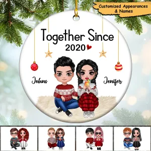 Doll Couple Sitting Christmas Gift For Him For Her Personalized Circle Ornament