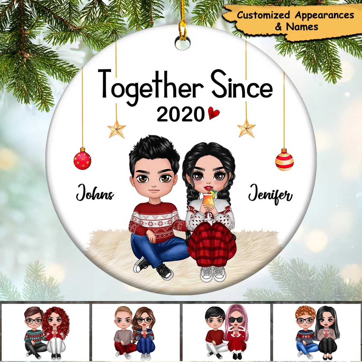 Doll Couple Sitting Christmas Gift For Him For Her Personalized Circle Ornament
