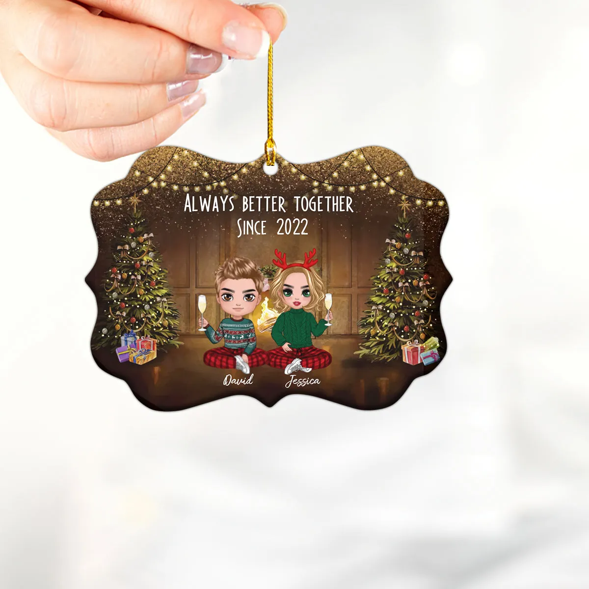 Doll Couple Sitting Christmas Gift For Your Sweetheart Personalized Circle Ornament Couple Custom Shaped Ornament