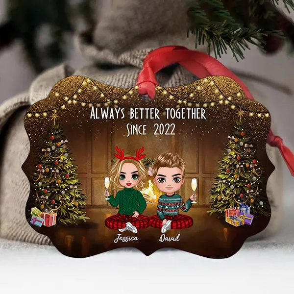 Doll Couple Sitting Christmas Gift For Your Sweetheart Personalized Circle Ornament Couple Custom Shaped Ornament