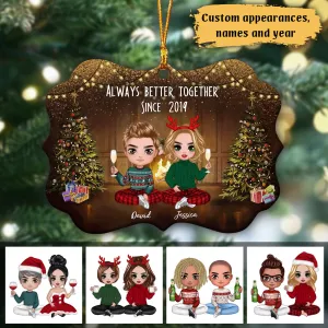 Doll Couple Sitting Christmas Gift For Your Sweetheart Personalized Circle Ornament Couple Custom Shaped Ornament