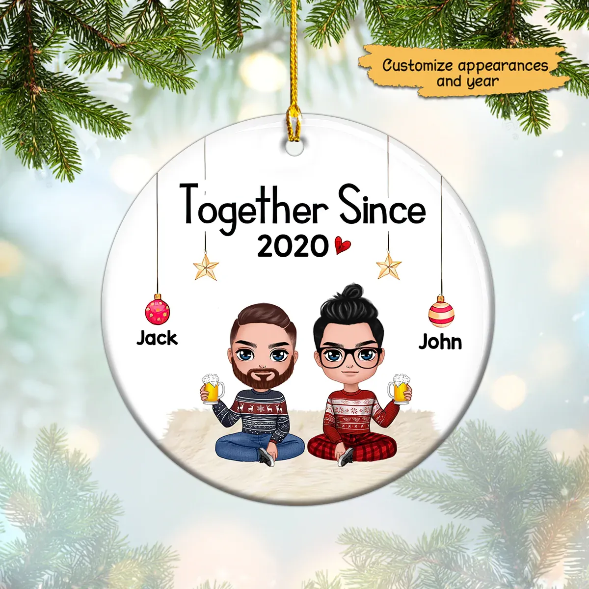 Doll Couple Sitting Christmas Jack & John Circle Ornament