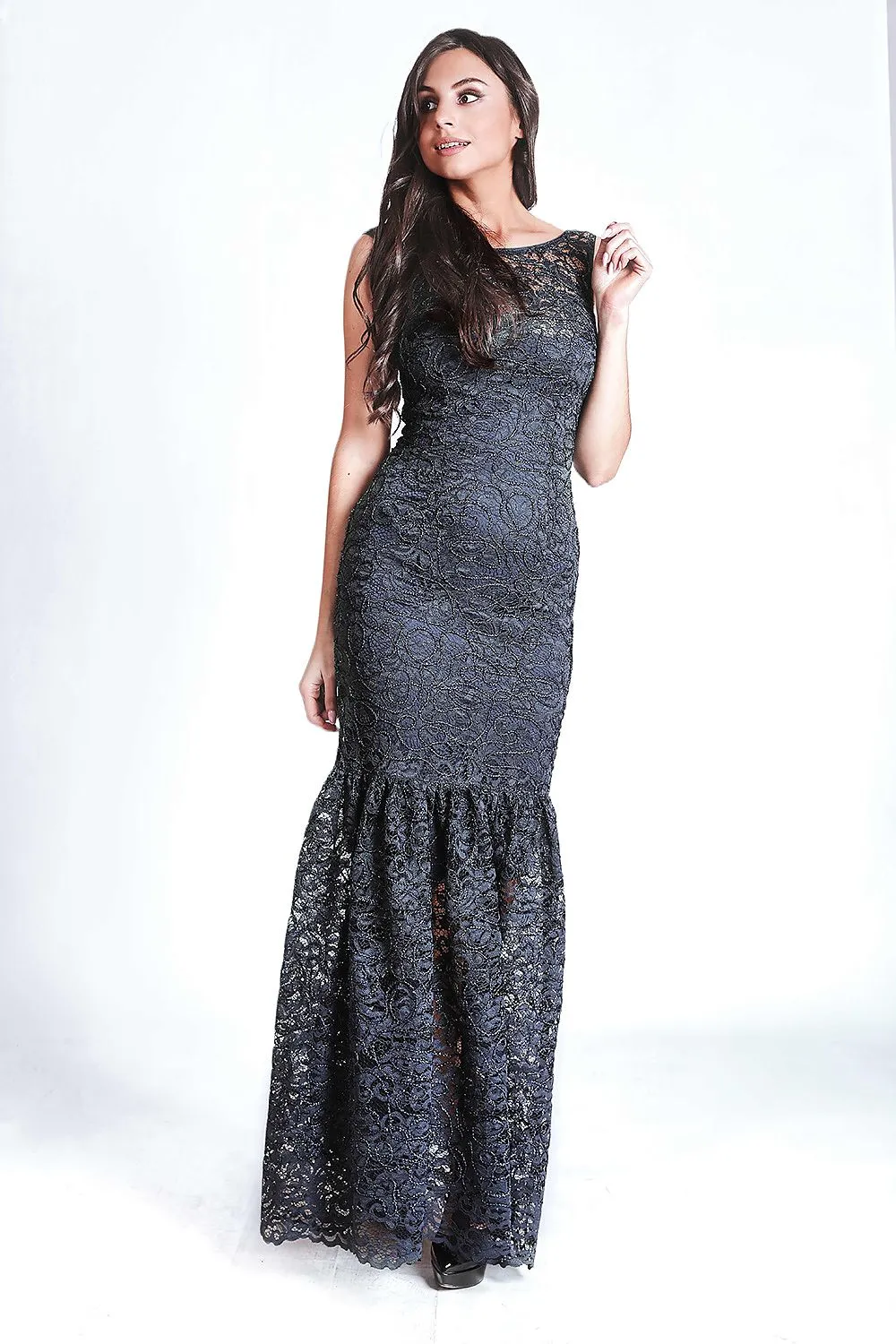 Elegant Lace Maxi Dress with Flared Bottom & Applique Detail   Shawl – Silk Satin Lined for Luxe Comfort