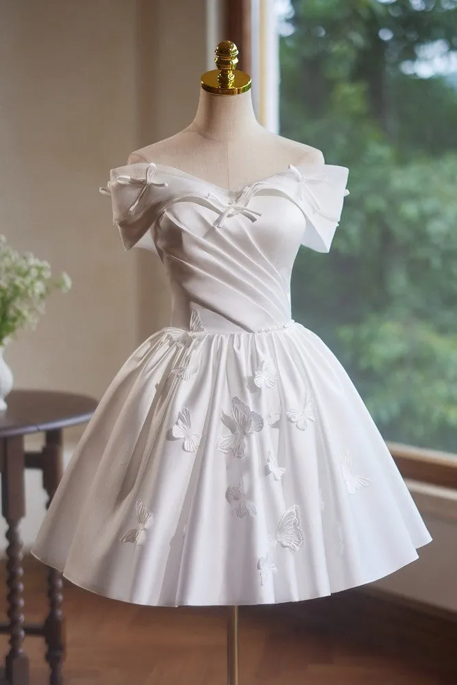 Elegant Satin Butterfly and Bow Appliques Off-The-Shoulder Short Homecoming Dresses