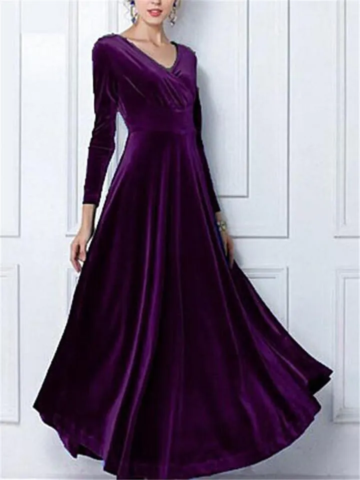Elegant Velvet Wrap Neck Long Sleeve Maxi Dress for Evening