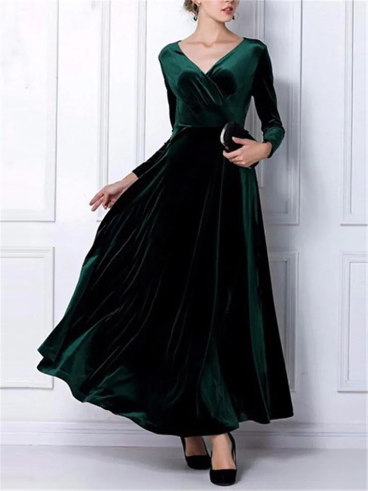 Elegant Velvet Wrap Neck Long Sleeve Maxi Dress for Evening