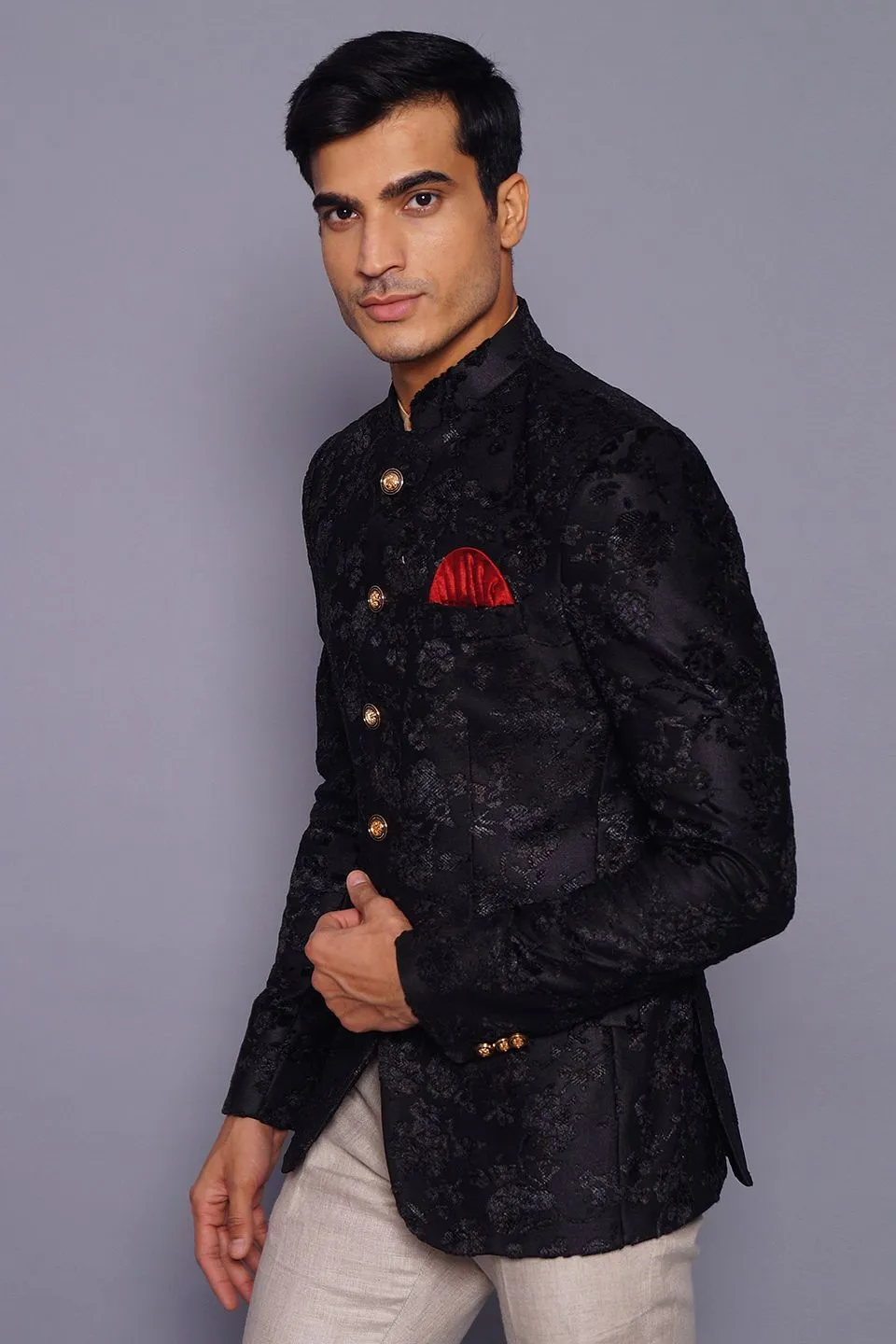 Emroidered Velvet Black Bandhgala