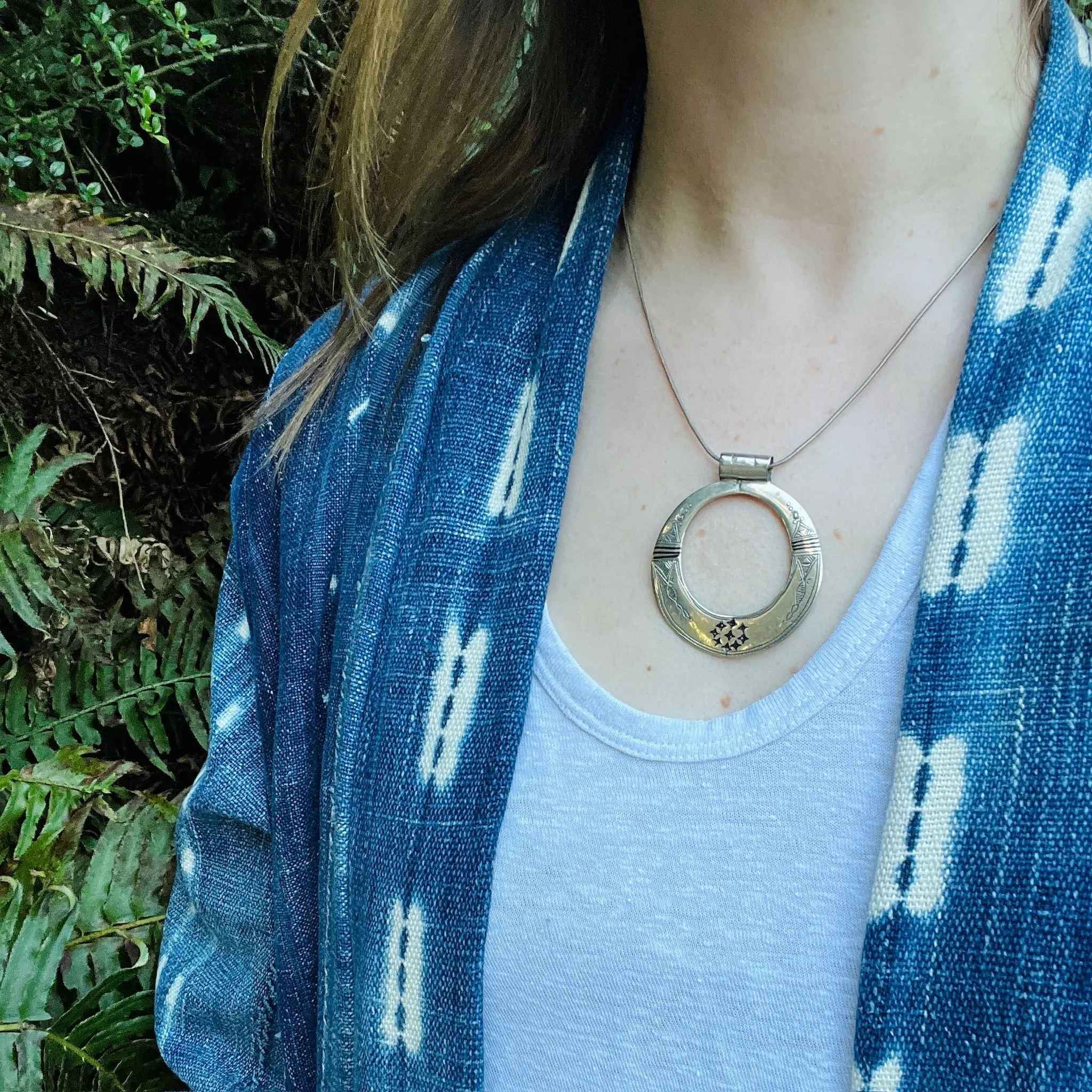Engraved & Enameled White Brass Pendant