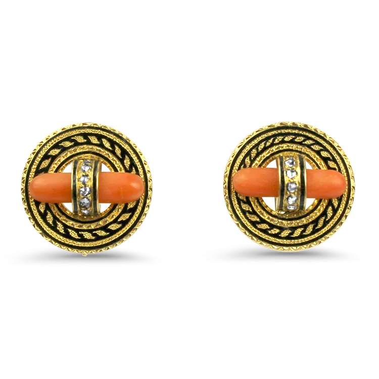 Estate 18k Yellow Gold Coral & Diamond Earrings