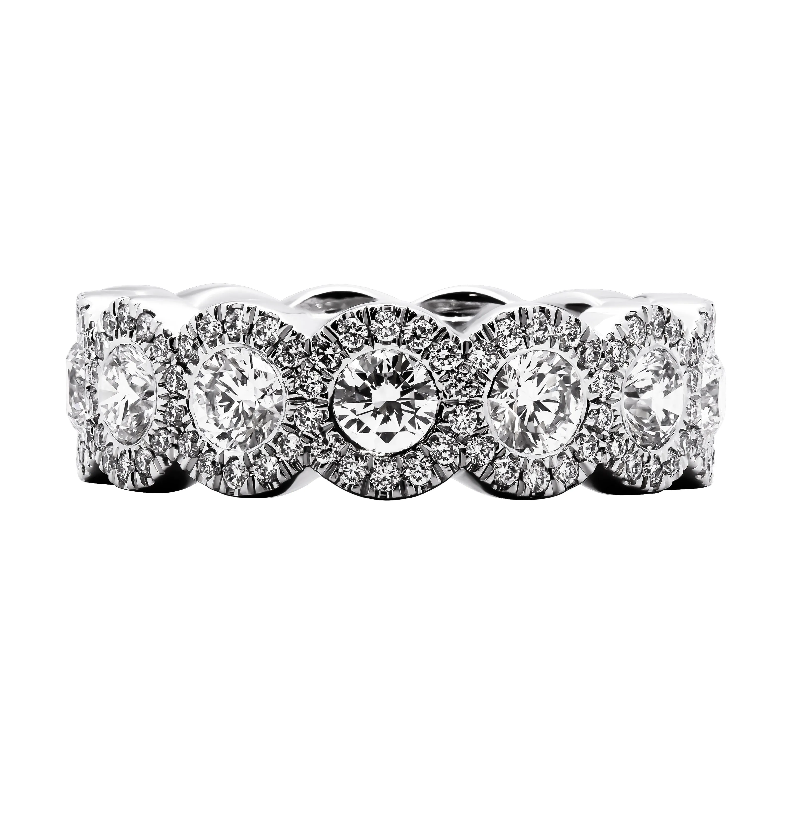 Eternity band in Platinum with Pave Halo around Rounds Stones