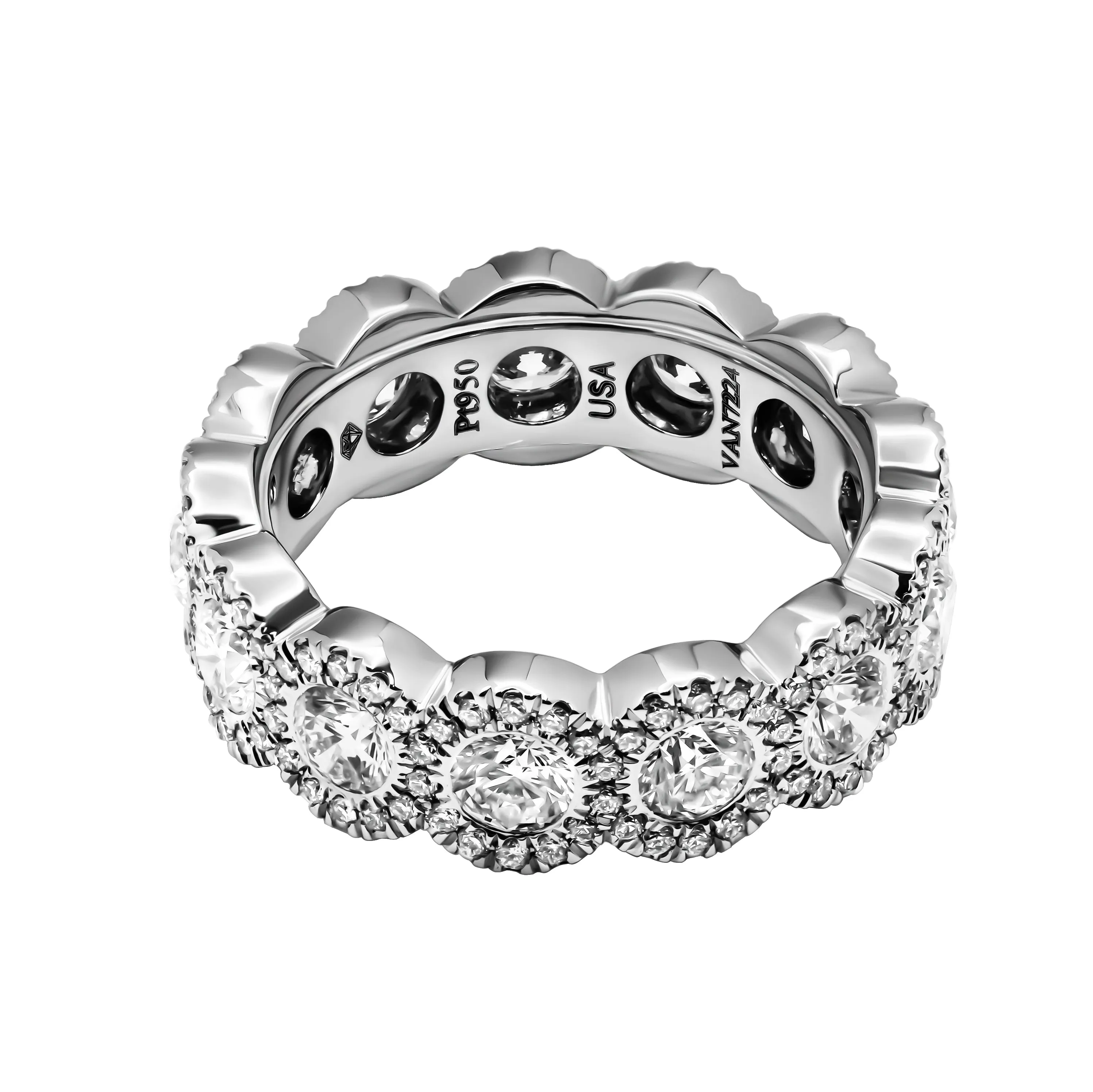 Eternity band in Platinum with Pave Halo around Rounds Stones