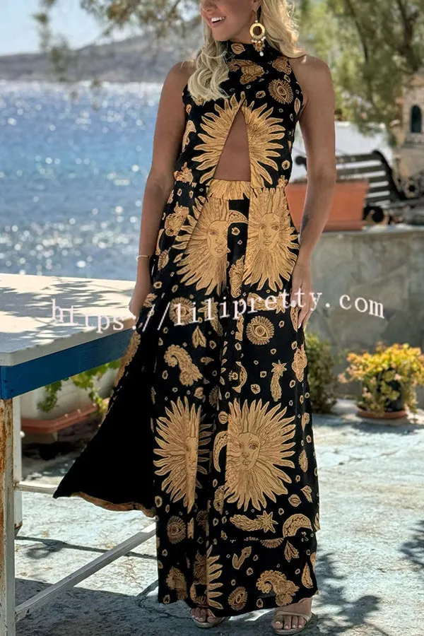 Exotic Satin Unique Print Center Front Slit Midi Top and Elastic Waist Wide Leg Pants Set