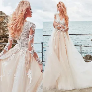 Exquisite Tulle V-neck A-line Wedding Dress With Lace Appliques Elegant Tulle Long Skirt