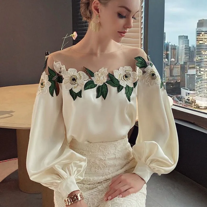 Faux Silk Blouses Loose OL Gauze Glossy Crop Tops