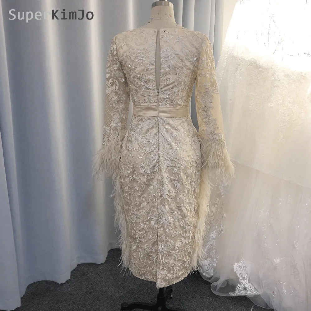 feather evening dresses short 2020 lace appliqué champagne mermaid elegant evening gown formal dress