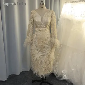 feather evening dresses short 2020 lace appliqué champagne mermaid elegant evening gown formal dress